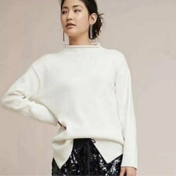 Anthropologie Moth Saskia Mock Neck Winter White Knit Sweater XS Minimalist - Picture 1 of 8